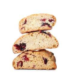 Photo of Slices of tasty cantucci with berry on white background. Traditional Italian almond biscuits