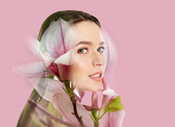 Image of Double exposure of beautiful woman and blooming flowers on pink background