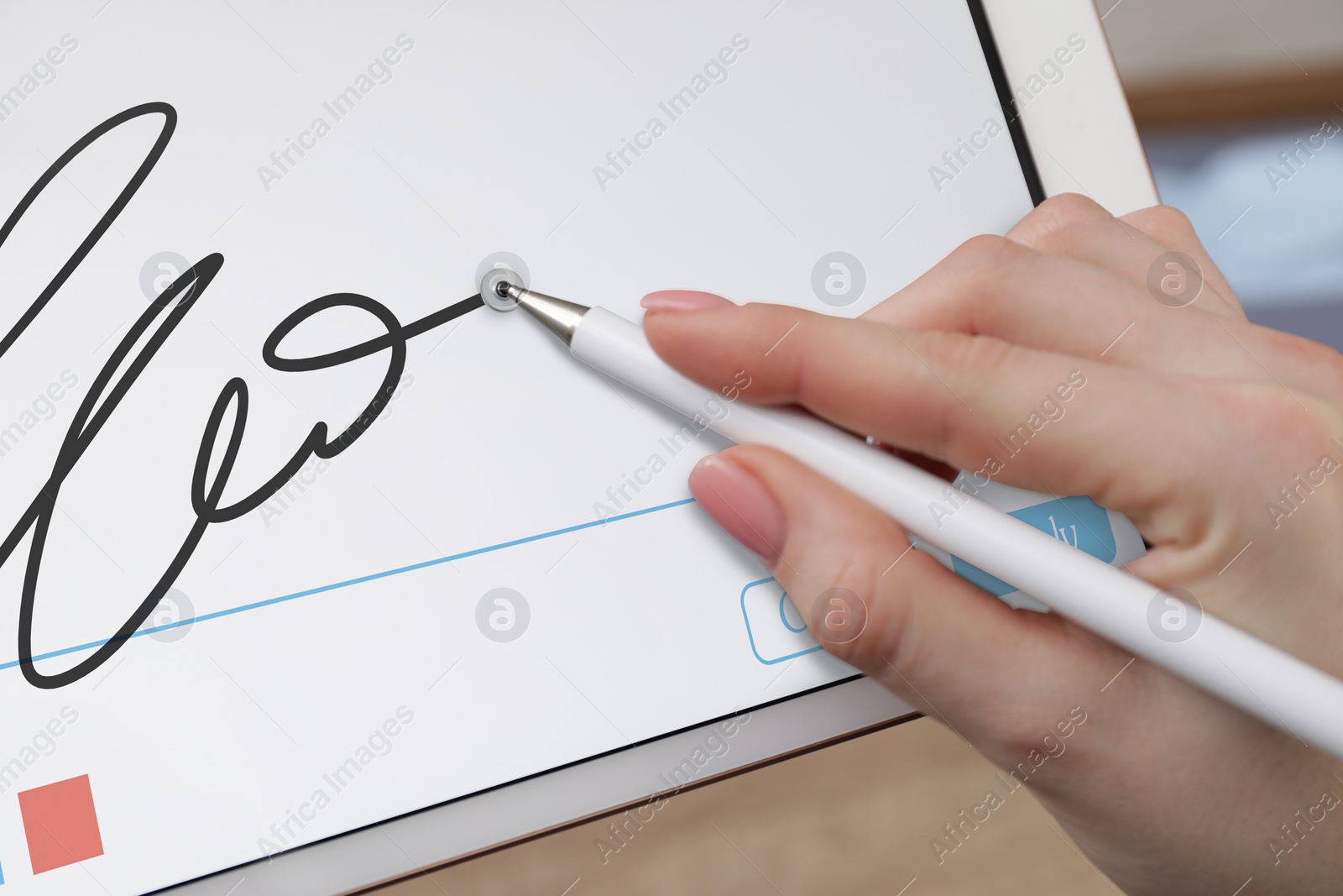 Image of Electronic signature. Woman using stylus and tablet, closeup