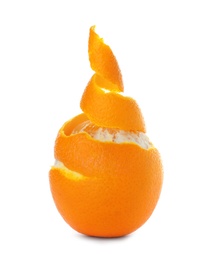 Photo of Fresh half peeled orange on white background