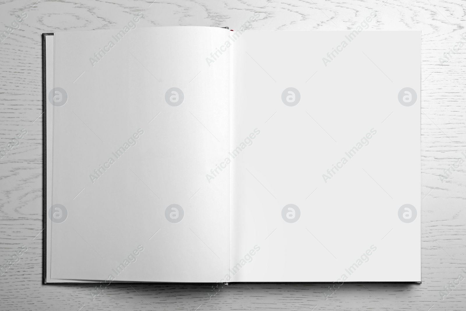 Photo of Open book on light grey table, top view. Space for text