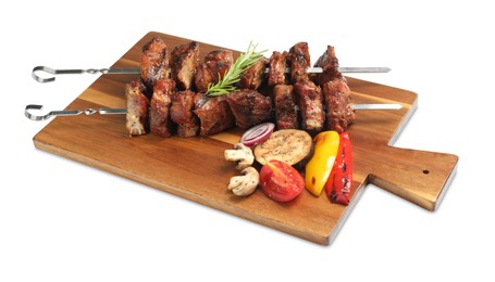 Photo of Metal skewers with delicious shish kebabs, rosemary and vegetables isolated on white