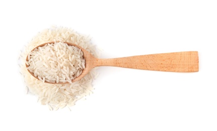 Photo of Spoon and uncooked long grain rice on white background, top view
