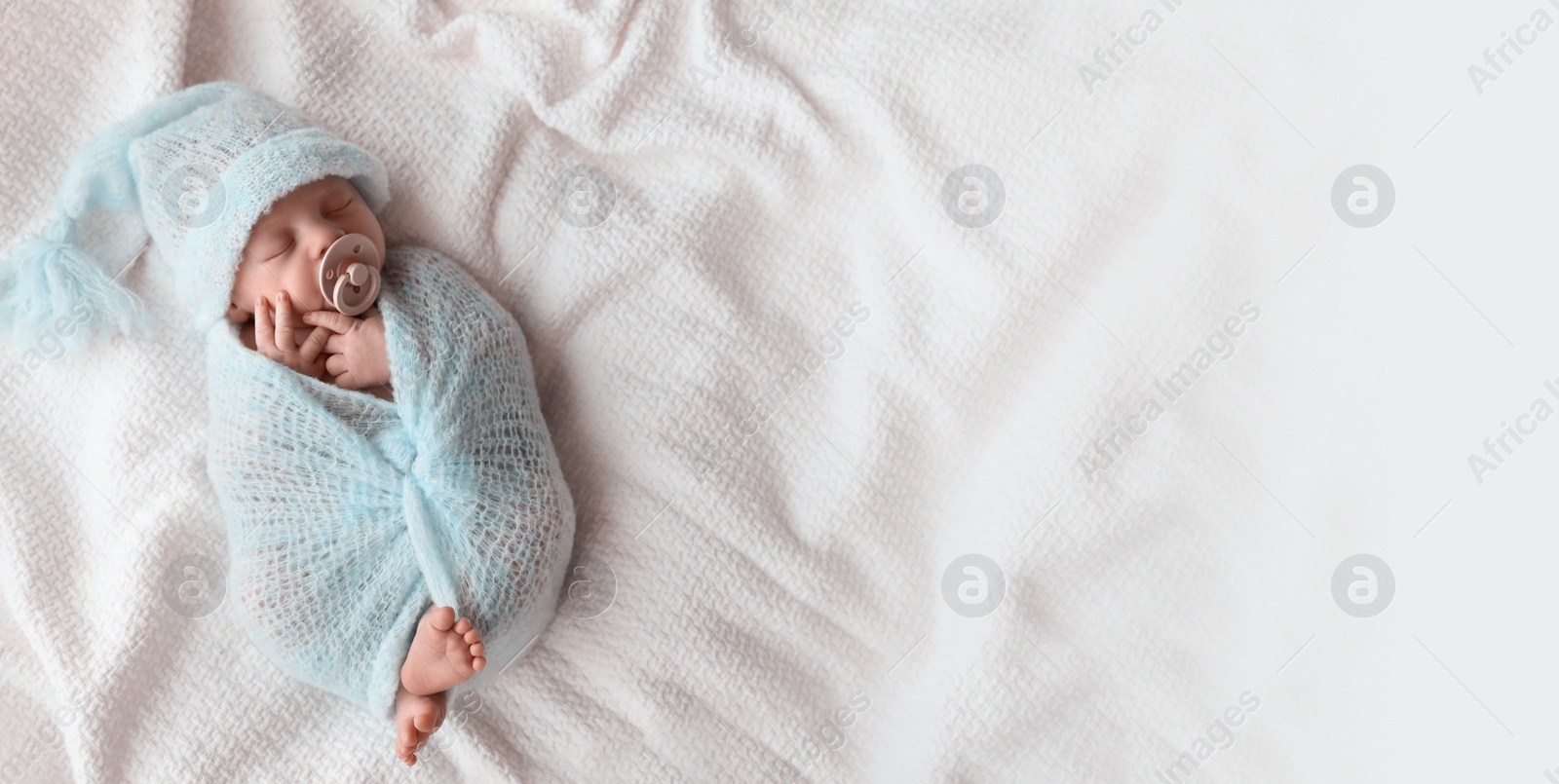 Image of Cute newborn baby sleeping on white plaid, top view with space for text. Banner design