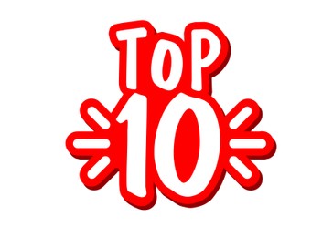 Top ten list. Red word and number 10 on white background
