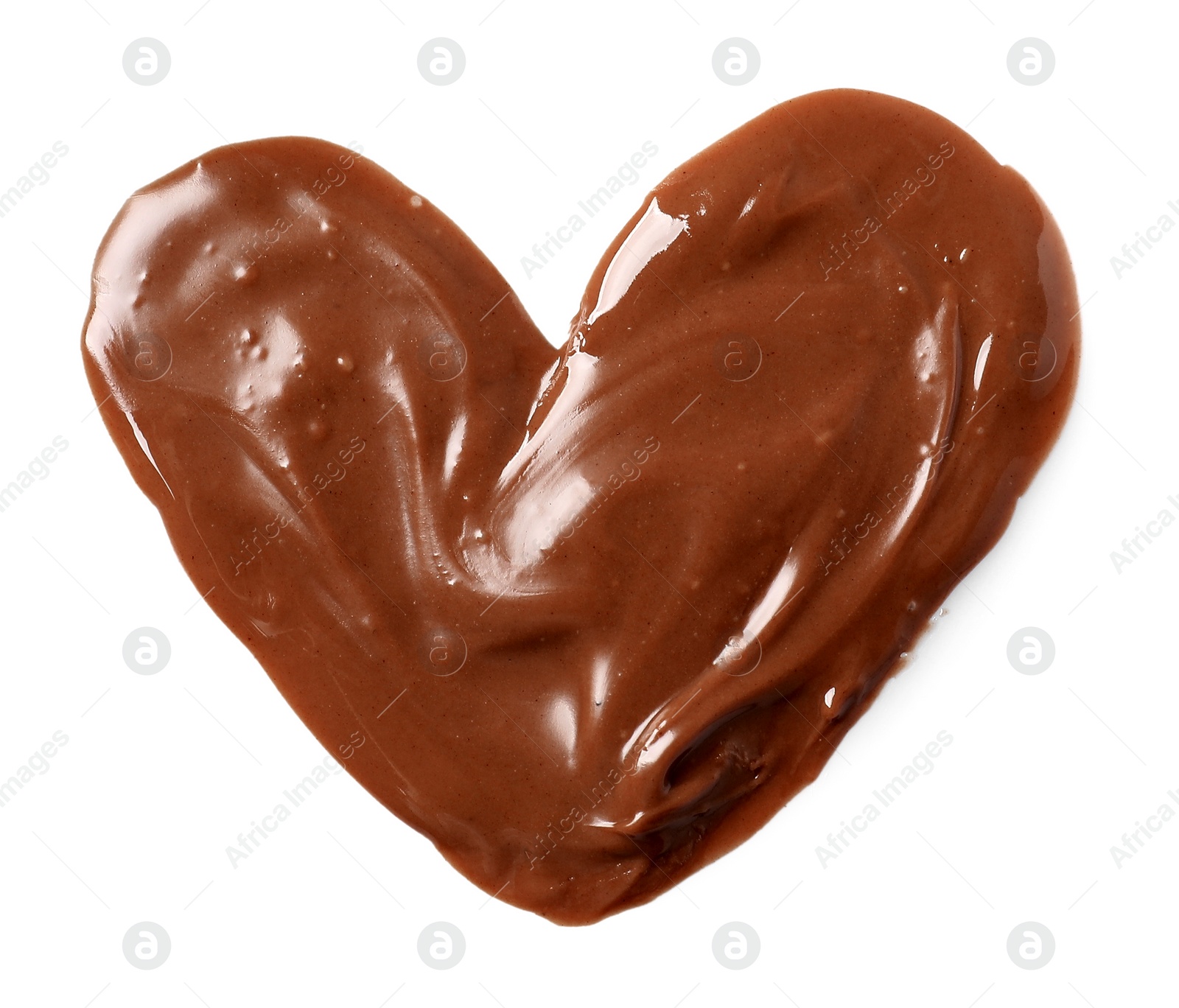 Photo of Heart shaped smear of tasty milk chocolate paste isolated on white, top view