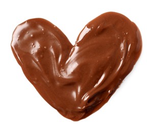 Heart shaped smear of tasty milk chocolate paste isolated on white, top view