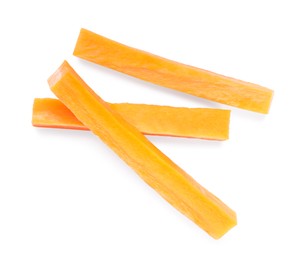 Photo of Delicious carrot sticks isolated on white, top view