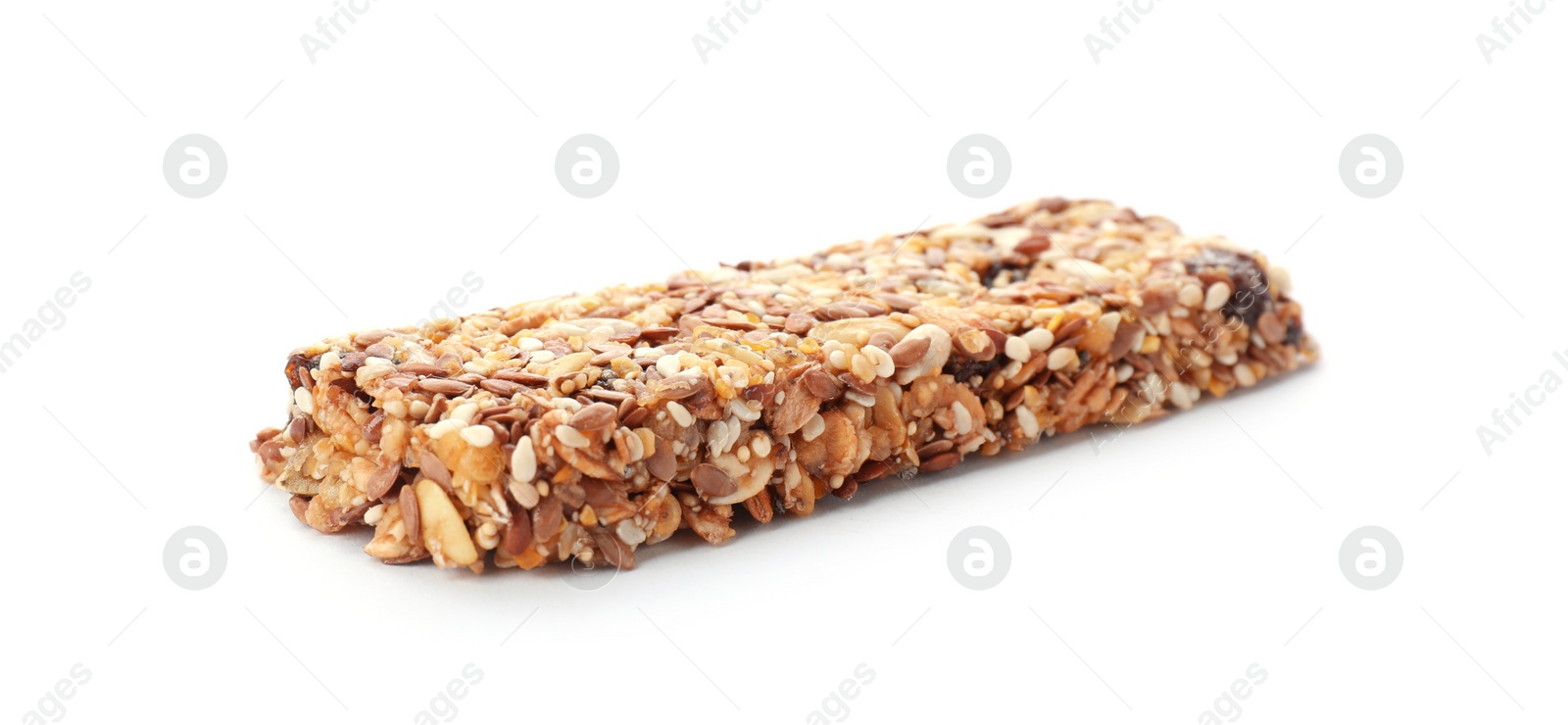 Photo of Tasty protein bar on white background. Healthy snack