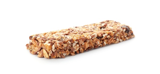 Photo of Tasty protein bar on white background. Healthy snack