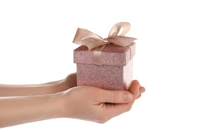 Woman holding gift box on white background, closeup