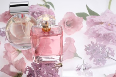 Photo of Two luxury perfumes on spring floral decor