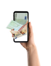 Image of Woman holding smartphone with euro banknotes on white background, closeup