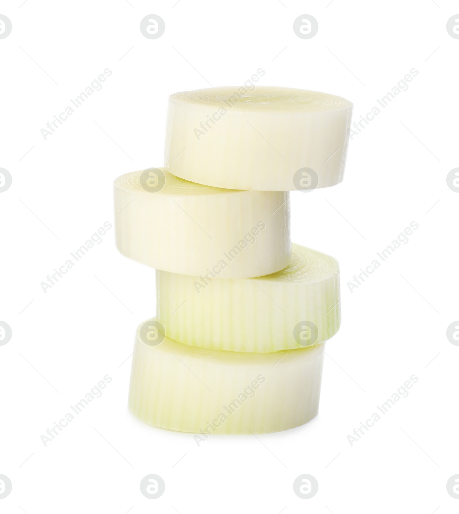 Photo of Fresh raw leek slices on white background