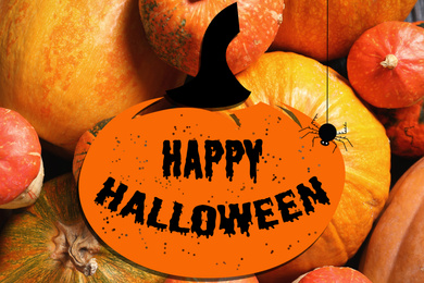 Happy Halloween greeting card design. Illustrations and pumpkins on background, top view