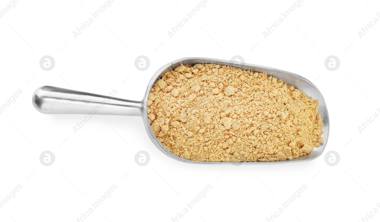 Photo of Aromatic mustard powder in scoop on white background, top view