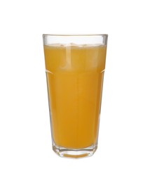 Photo of Glass of orange soda water with ice cubes isolated on white
