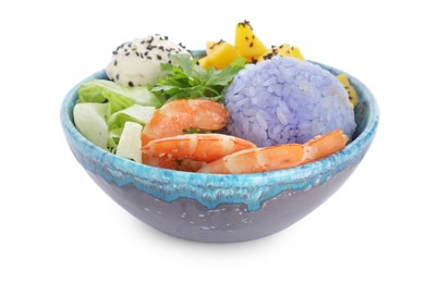 Fresh delicious poke bowl on white background