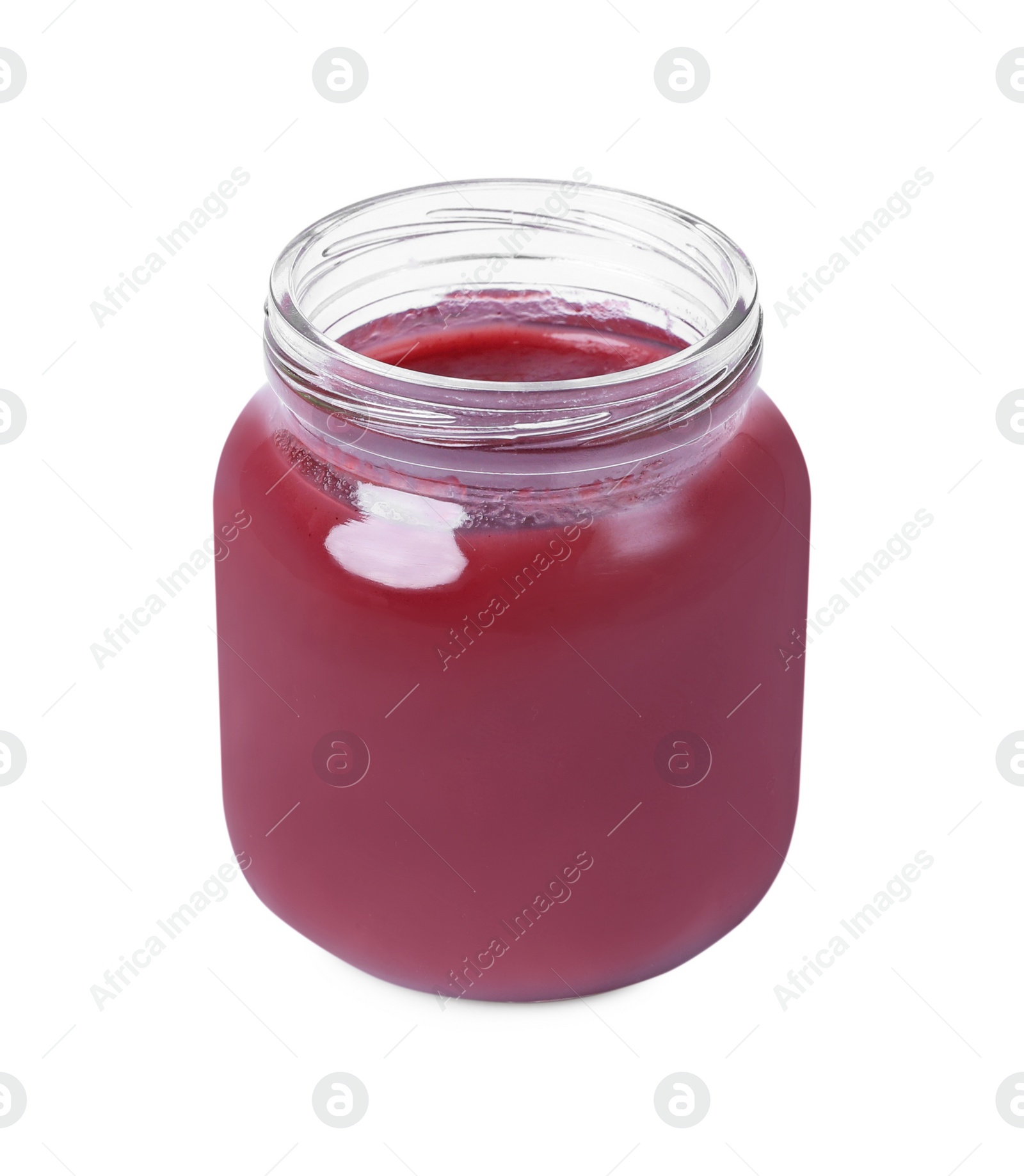 Photo of Glass jar with healthy baby food isolated on white