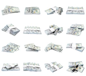 Many dollar banknotes on white background, collage. American national currency