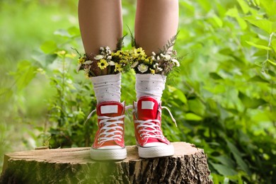 Photo of Woman standing on stump with flowers in socks outdoors, closeup