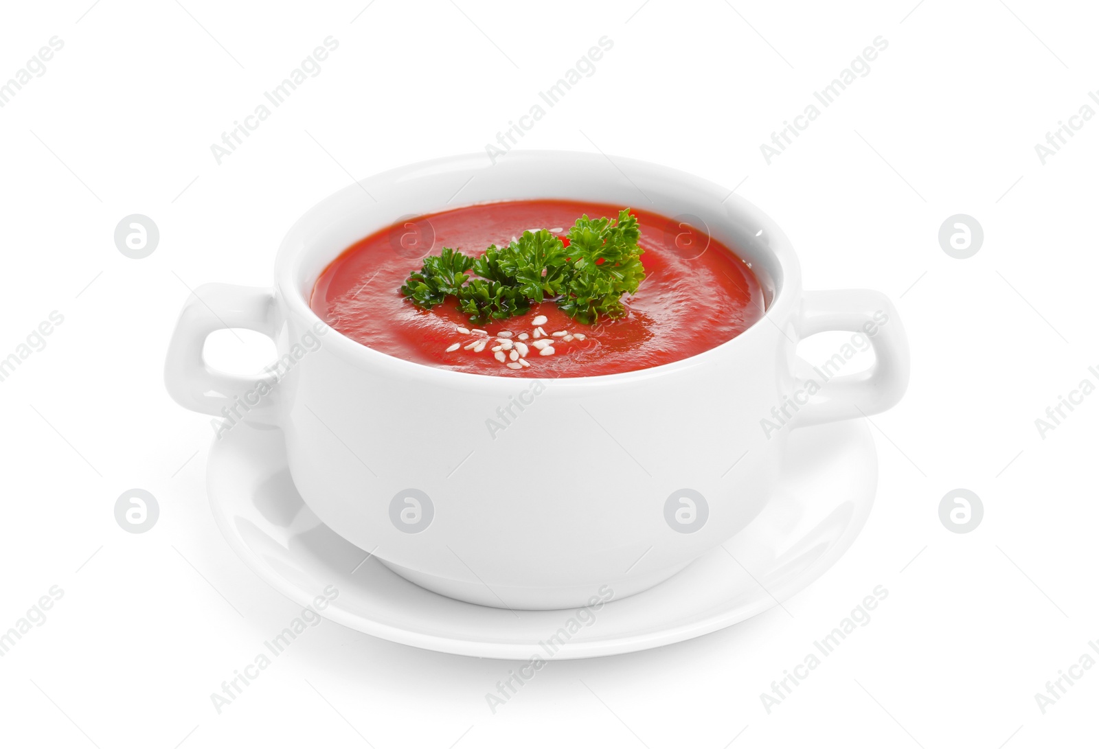 Photo of Dish with fresh homemade tomato soup on white background