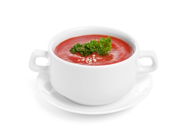 Dish with fresh homemade tomato soup on white background