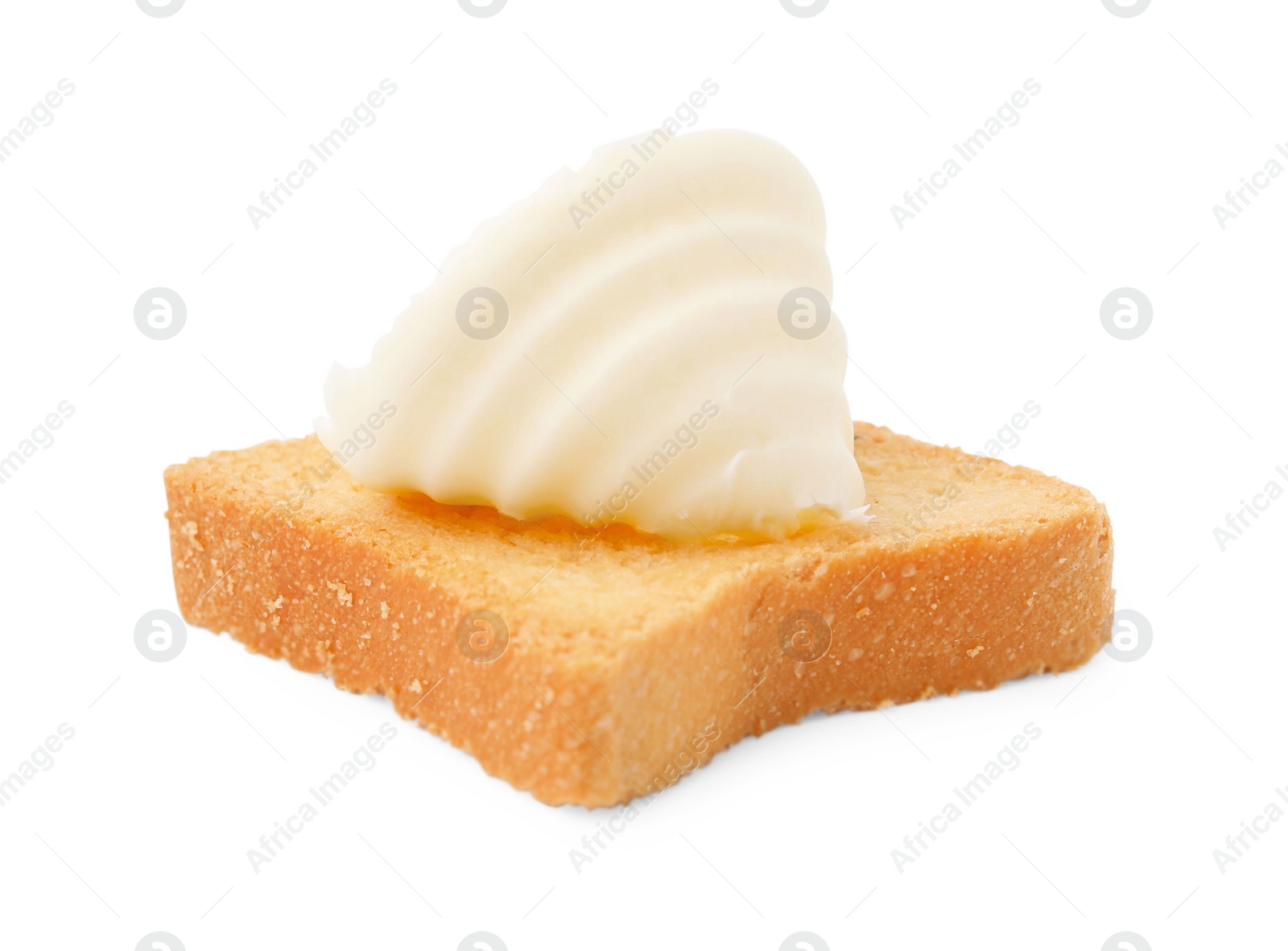 Photo of Tasty butter curl and piece of dry bread isolated on white