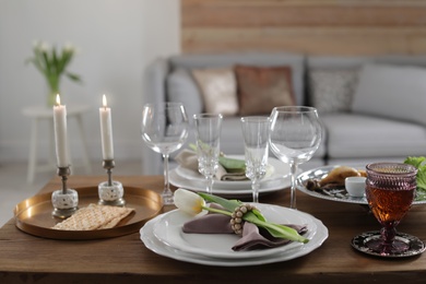 Festive Passover table setting at home. Pesach celebration