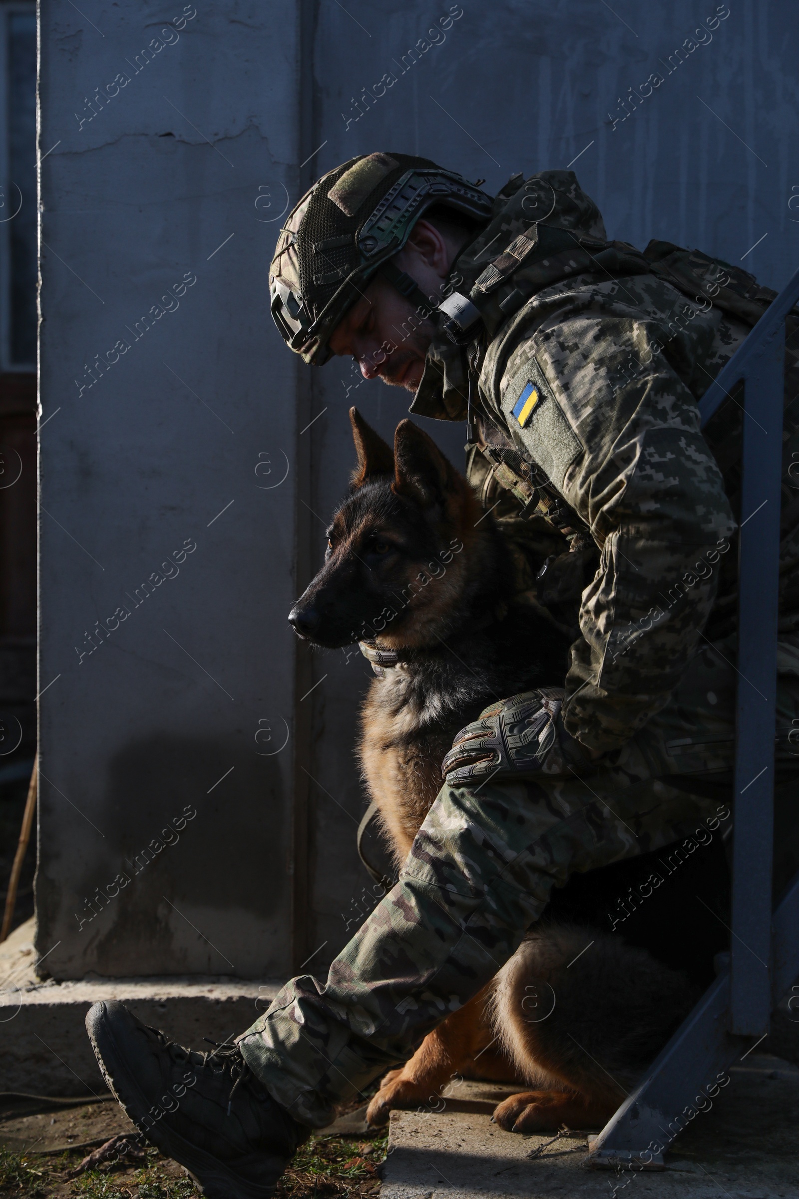 Photo of Ukrainian soldier with German shepherd dog sitting outdoors