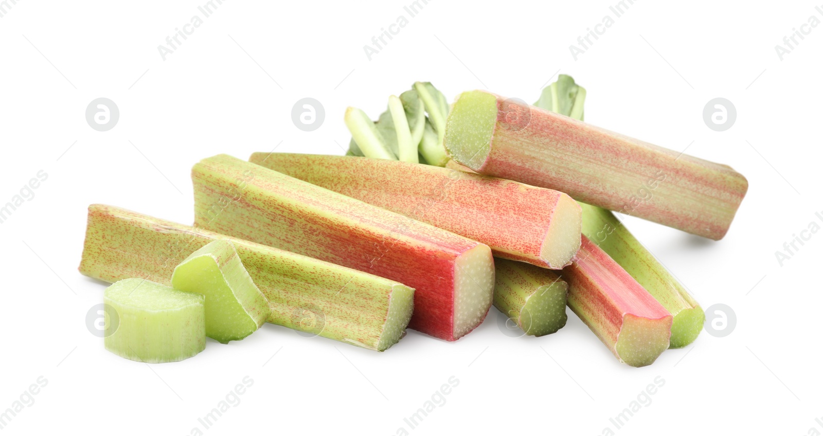 Photo of Cut fresh rhubarb stalks on white background