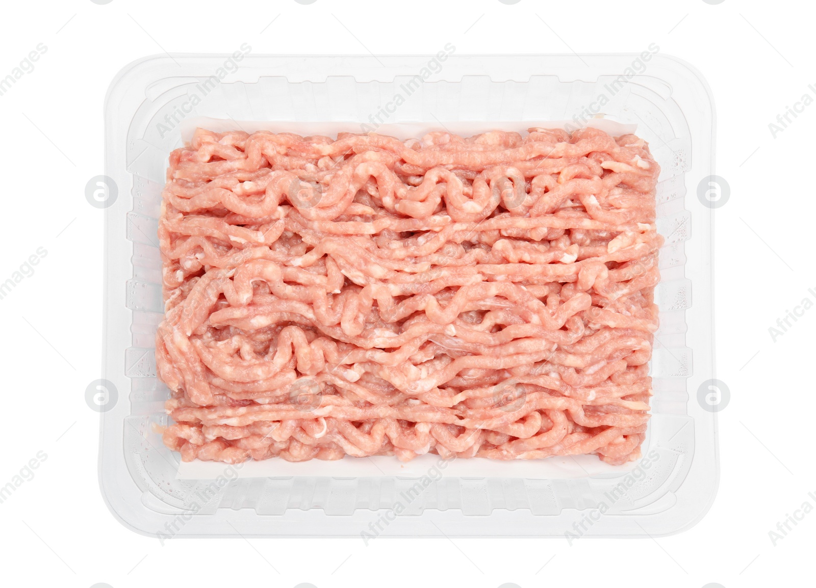 Photo of Raw chicken minced meat in container isolated on white, top view