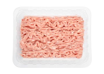 Photo of Raw chicken minced meat in container isolated on white, top view