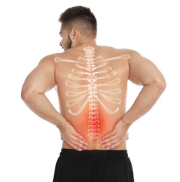 Image of Man suffering from pain in back on white background