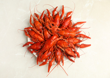 Photo of Delicious boiled crayfishes on light grey marble table, top view