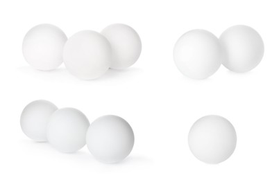 Image of Set with ping pong balls on white background