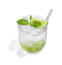 Photo of Glass of refreshing drink with lime and mint isolated on white