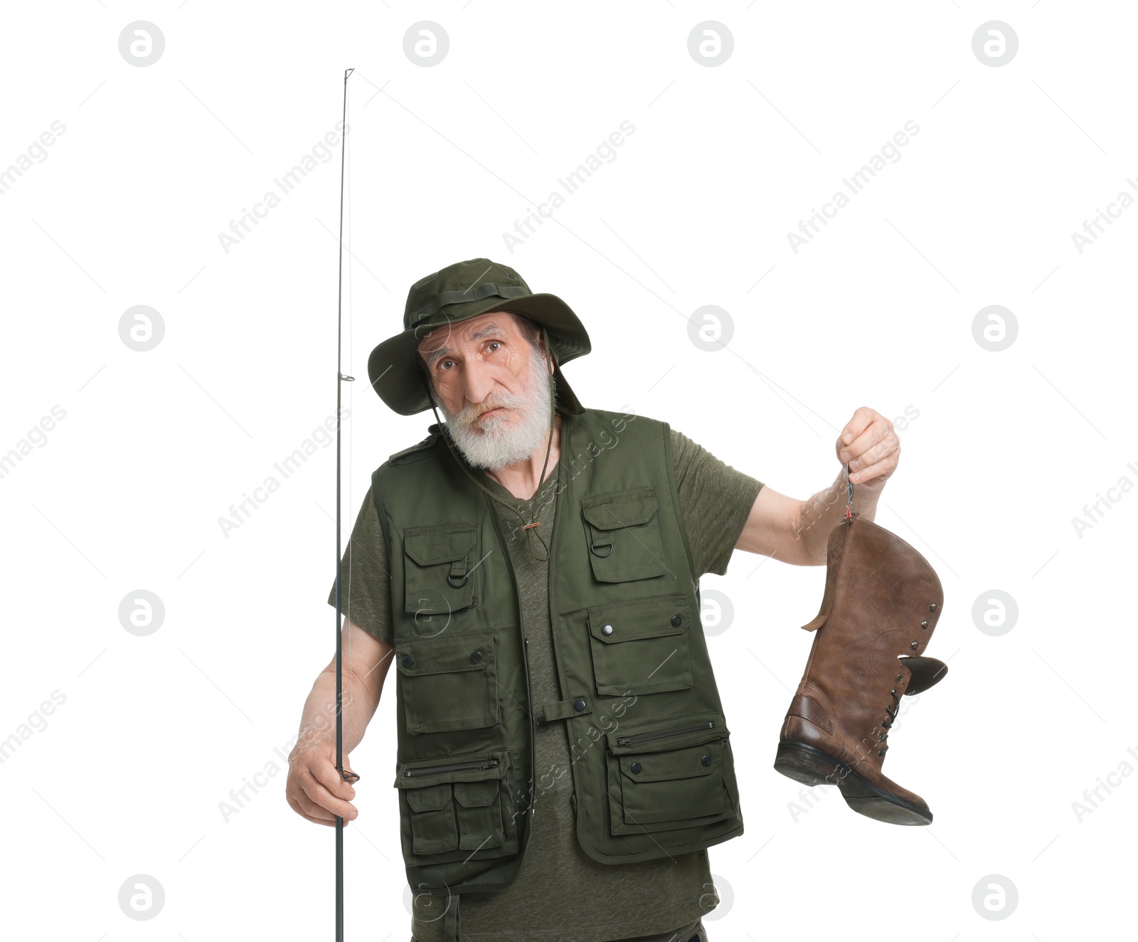 Photo of Fisherman with rod and old boot isolated on white