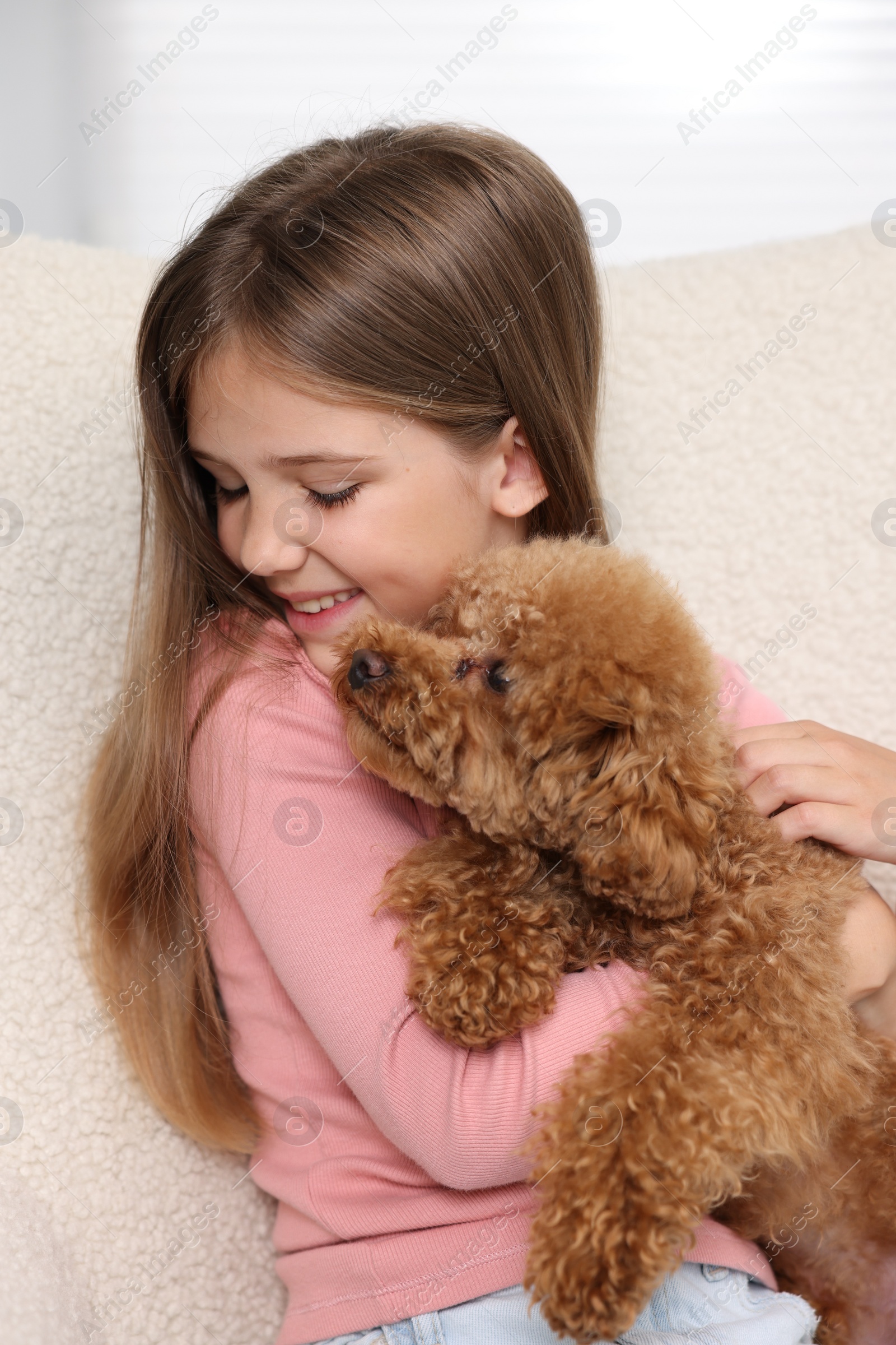 Photo of Little child with cute puppy in armchair. Lovely pet