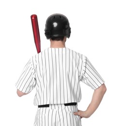 Photo of Baseball player with bat on white background, back view