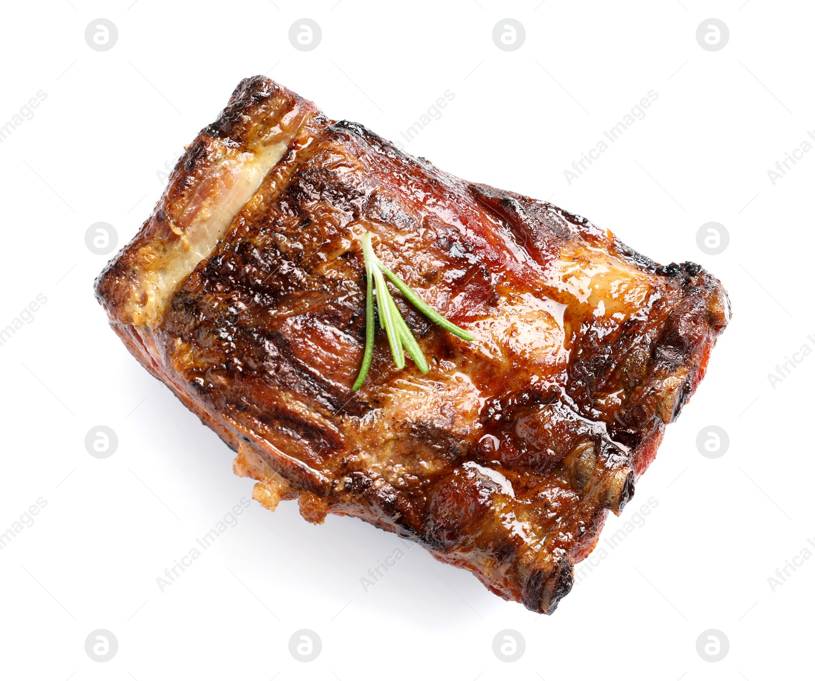 Photo of Delicious barbecued ribs with rosemary on white background, top view