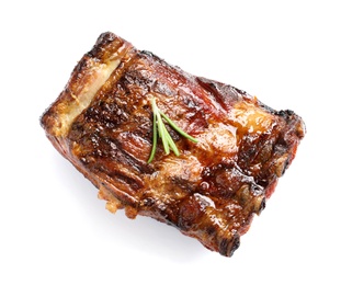 Photo of Delicious barbecued ribs with rosemary on white background, top view