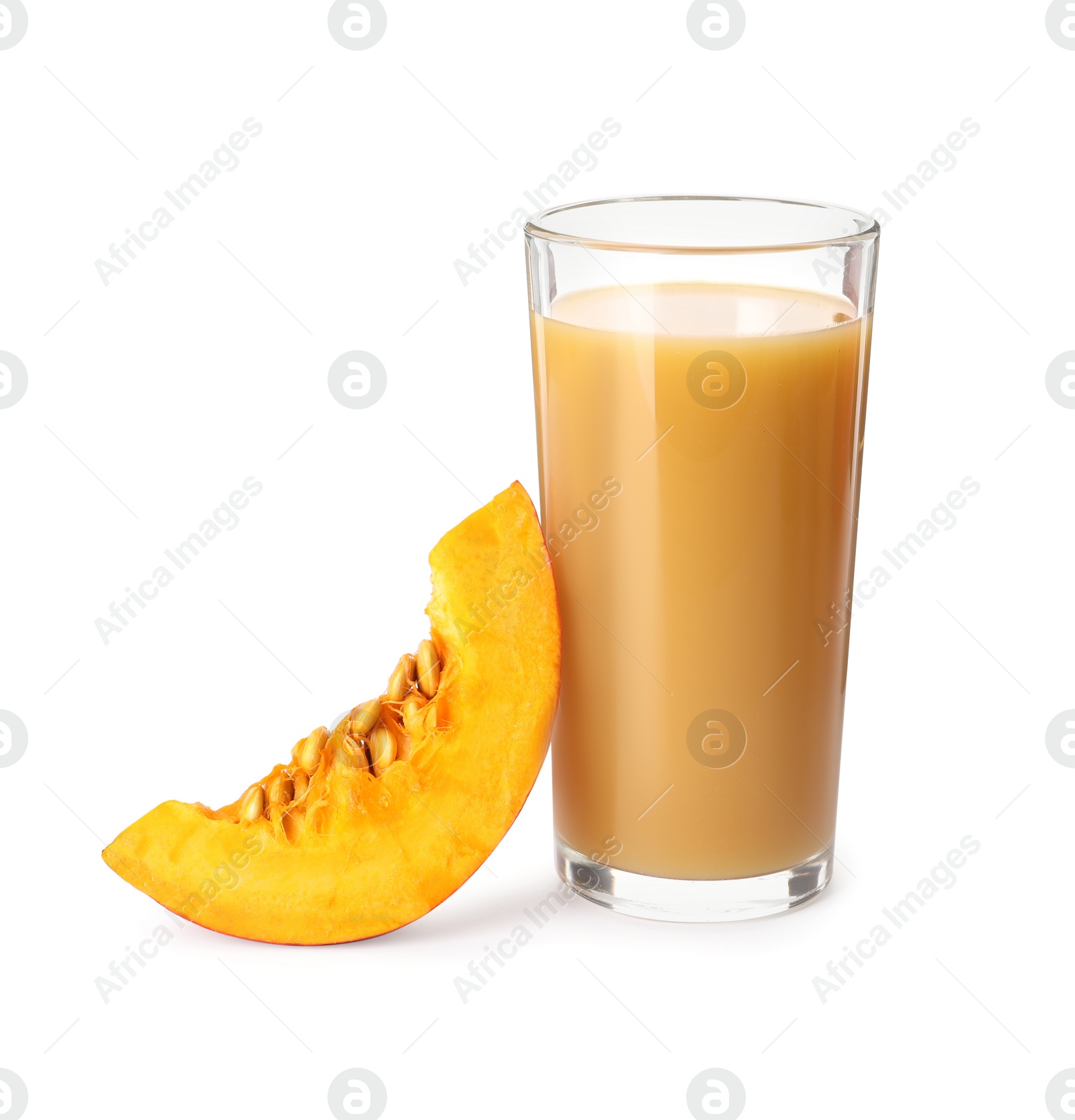 Photo of Glass with pumpkin juice and fresh vegetable on white background