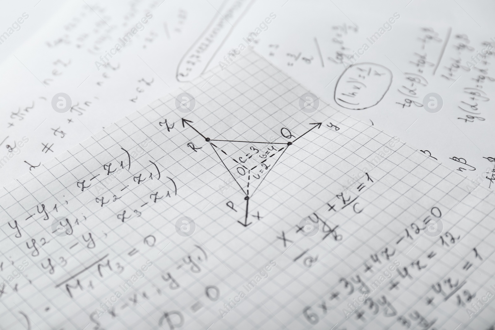 Photo of Sheets of paper with different mathematical formulas, closeup