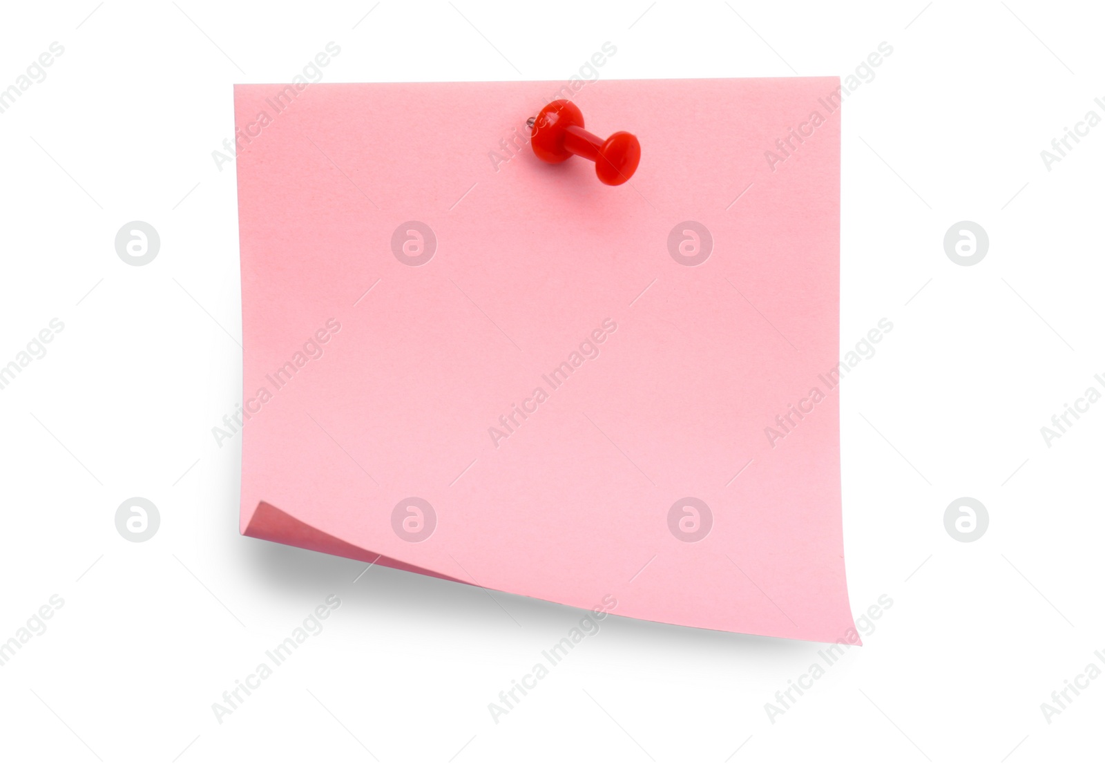 Photo of Blank pink note pinned on white background, top view