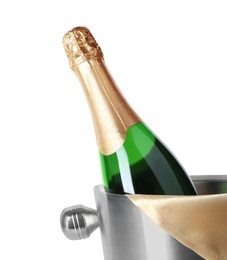 Metal bucket with bottle of champagne on white background