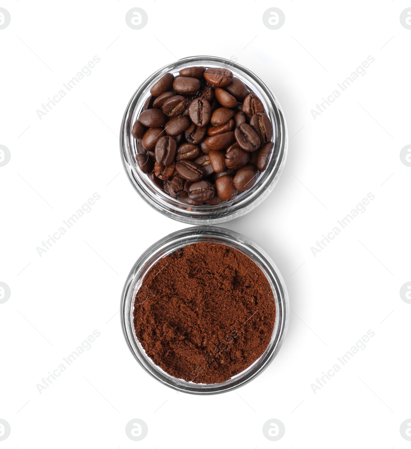 Photo of Jars with ground coffee and roasted beans on white background, top view