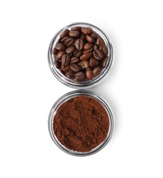 Photo of Jars with ground coffee and roasted beans on white background, top view