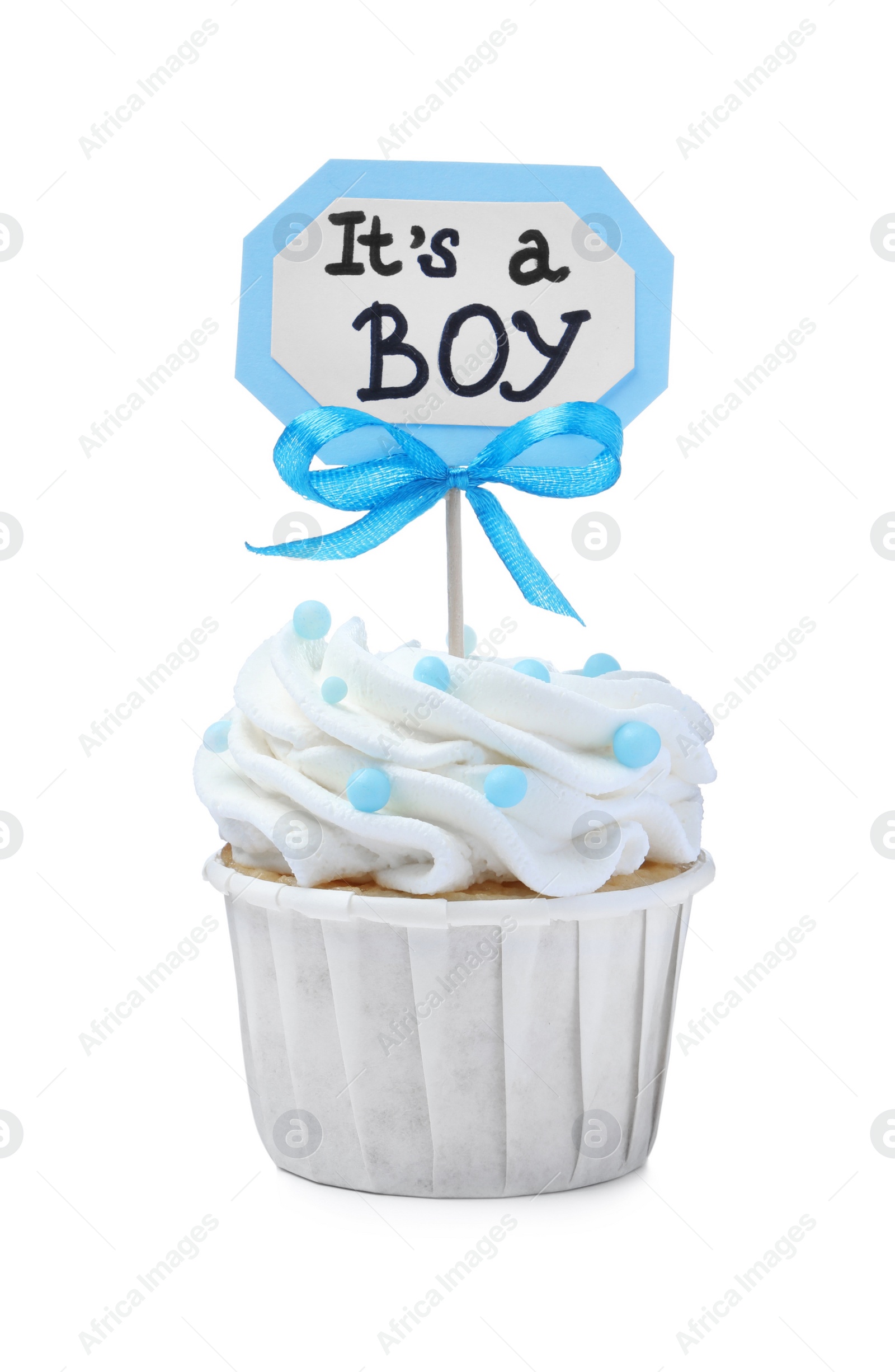 Photo of Beautifully decorated baby shower cupcake for boy with cream and blue topper on white background