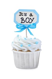 Beautifully decorated baby shower cupcake for boy with cream and blue topper on white background